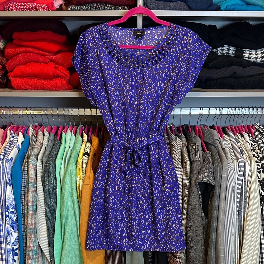 Mossimo purple/tan print belted elastic waistband 2 pocket dress size XS